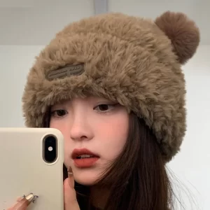 Elegant Brown Fuzzy Fur Fluffy Little Bear Cotton Knit Bonnie Hat