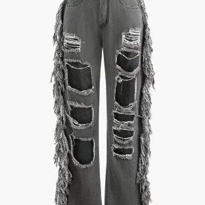 Tassel Ripped Frayed Straight Leg Jeans