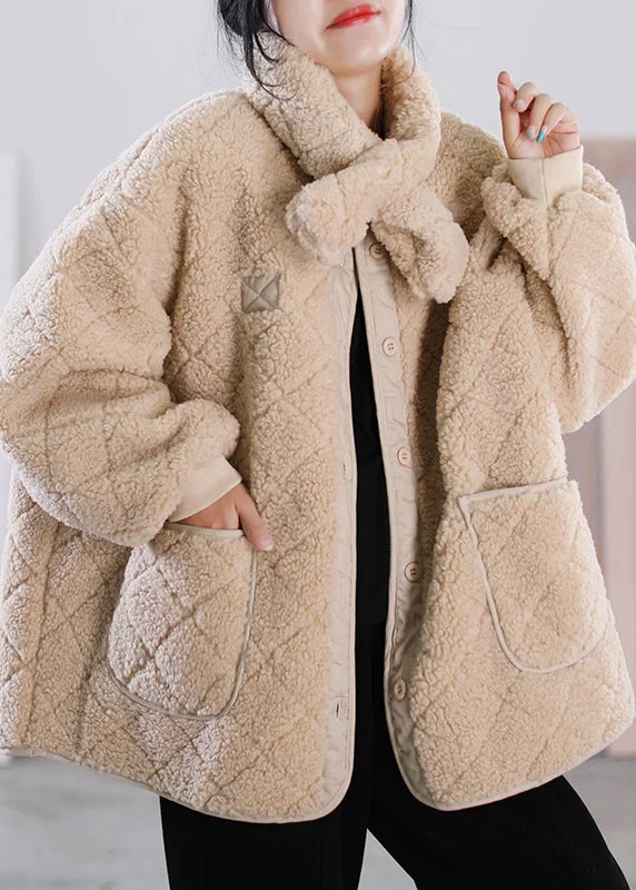 Fashion Khaki O-Neck Button Pockets Faux Fur Coat Winter - Image 5