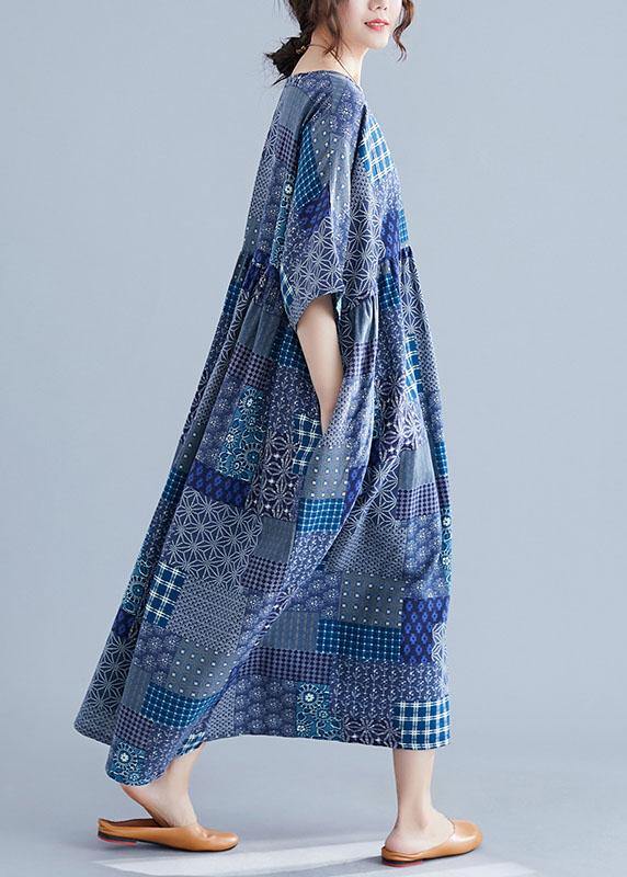 Italian navy plaid linen cotton clothes For Women o neck Cinched cotton Dress - Image 3