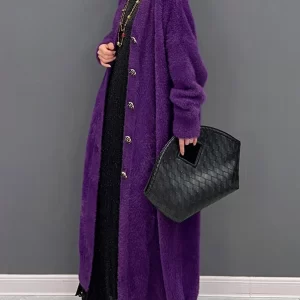 Plus Size Purple V Neck Patchwork Mink Hair Knitted Cardigan Fall