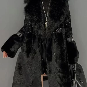 Fashion Black Fur Collar Sequins Patchwork Pockets Leather And Fur Coats Winter