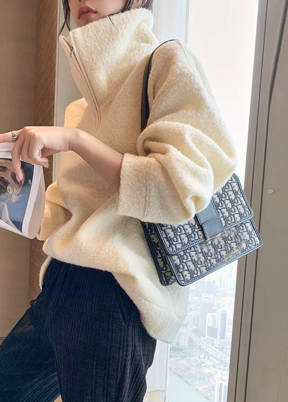 French White Hign Neck Zippered Faux Fur Pullover Sweatshirt Spring - Image 5