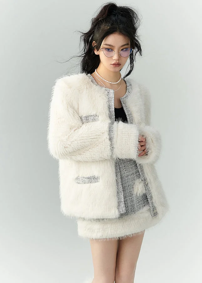 Italian White Button Coats And Skirts Leather And Fur Two Pieces Set Winter