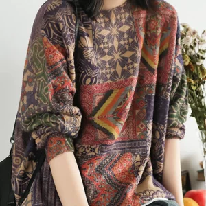 Women Geometric pattern Loose O-Neck Print Oriental Fall Knit Sweater
