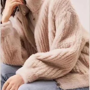 French Pink Stand Collar Zip Up Patchwork Faux Fur Coats Fall