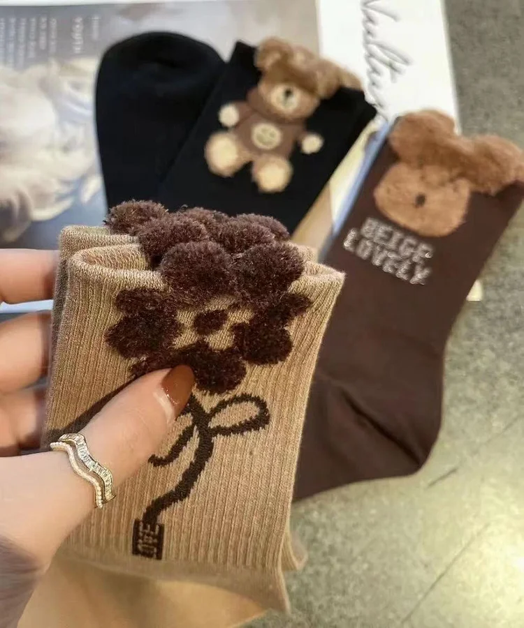 Cute Teddy Cartoon Jacquard Cotton Mid Calf Socks - Image 3