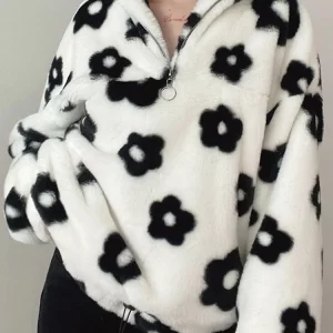 Soft Hairy Stand Collar With Zipper Flower Shaped Printed Long Sleeve Faux Fur Sweatshirt