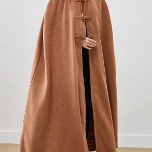 French Khaki Fur Collar Oversized Warm Fleece Hoodie Coat Cloak Sleeves