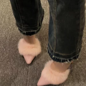 2025 New Pink High Heels Slippers Pointed Toe Fuzzy Wool Lined