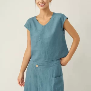 100% Linen V-Neck Cap Sleeve Crop Top Fressa