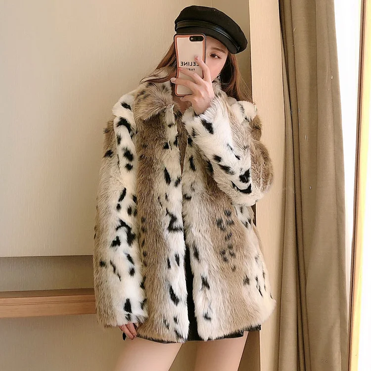 Luxury Leopard Print Lapel Long Sleeve Faux Fur Plush Coat - Image 6