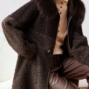 New Fashion Coffee Knitted Patchwork Faux Fur Thick Hooded Coats Winter