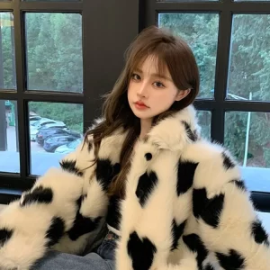 Fluffy Hairy Lapel Contrast Color Heart-shaped Printed Long Sleeve Faux Fur Coat