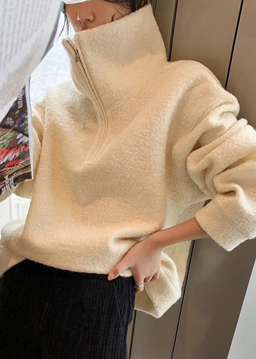 French White Hign Neck Zippered Faux Fur Pullover Sweatshirt Spring - Image 3