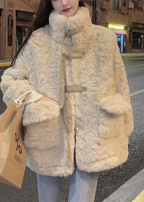 Natural Apricot Peter Pan Collar Thick Faux Fur Coats Winter - Image 3