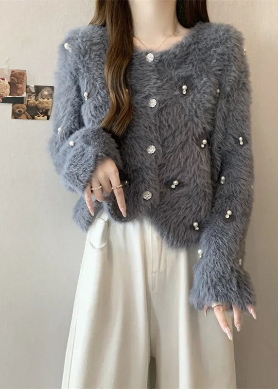 Fashion Grey O Neck Nail Bead Mink Hair Knitted Coat Fall - Image 3