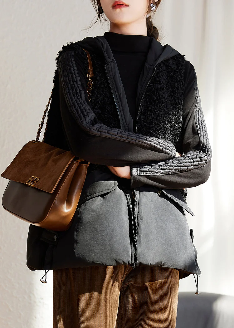 New Black Hooded Teddy Faux Fur Patchwork Duck Down Waistcoat Sleeveless - Image 4