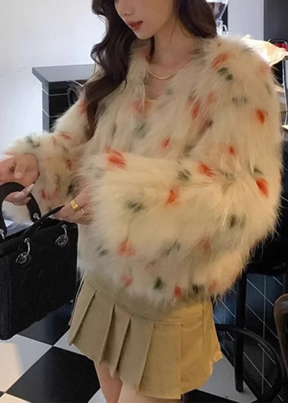 Cute Apricot V Neck Raccoon Hair Print Leather And Fur Coats Winter - Image 2