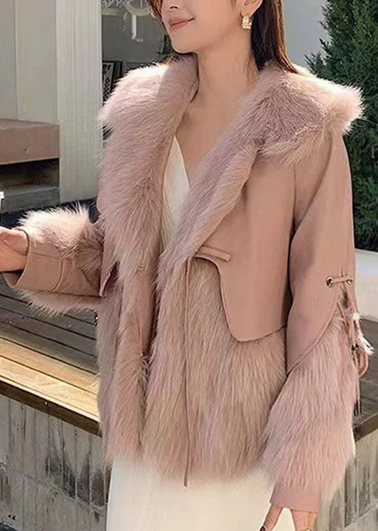 Stylish Beige Peter Pan Collar Patchwork Fuzzy Fur Fluffy Jacket Winter - Image 4