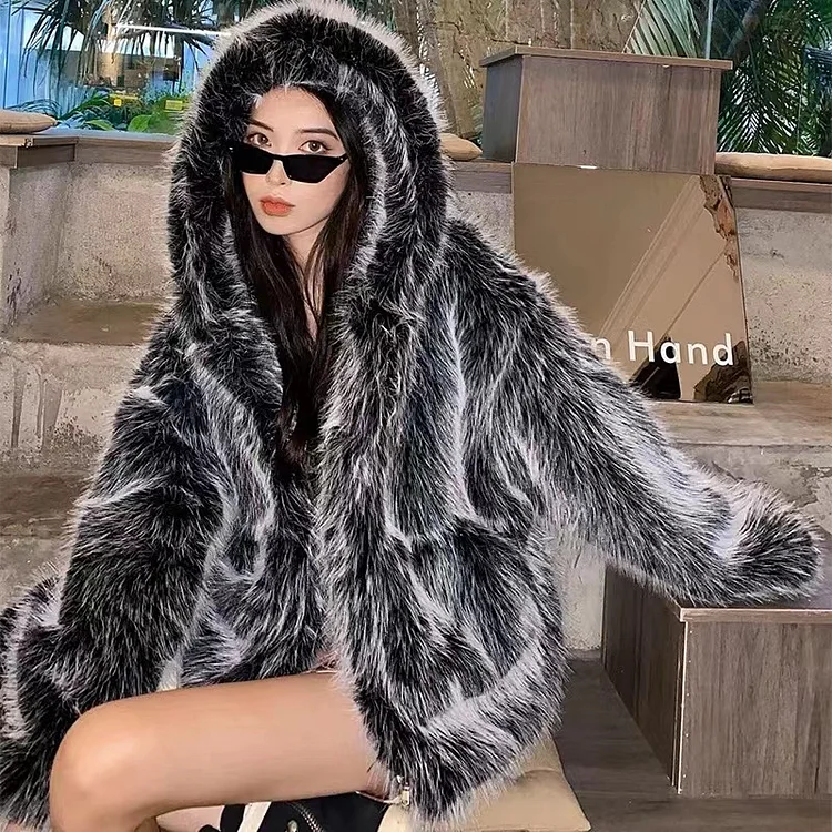 Women's Punk Plush Winter Coat with Hooded - Image 6