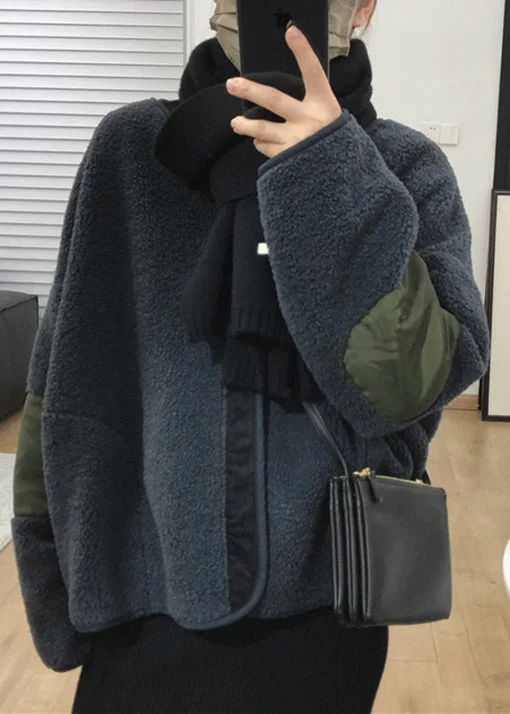 French Dark Gray Zippered Patchwork Teddy Faux Fur Coats Winter - Image 3