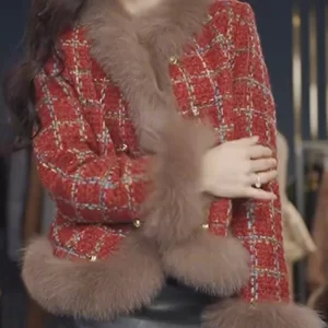 Fashion Red Fur Collar Plaid Patchwork Woolen Coats Spring