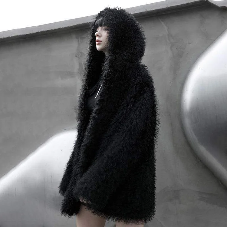 Women's Punk Plush Winter Coat with Hooded - Image 3