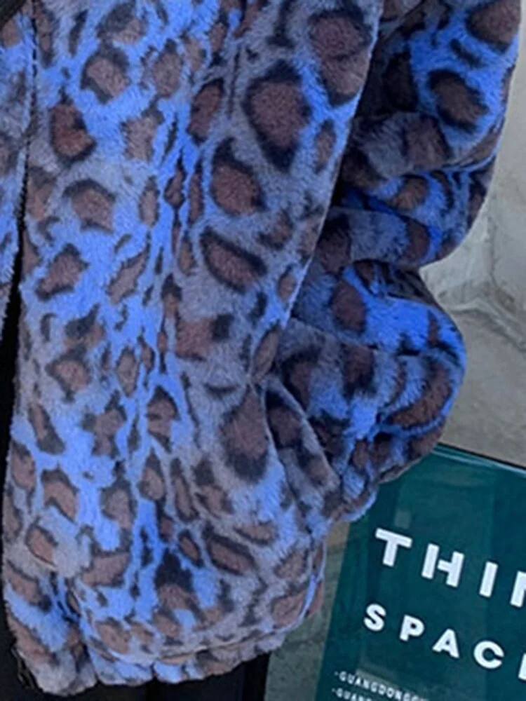Oversized Stand Collar Blue Leopard Long Sleeve Faux Fur Zip-up Fluffy Coat - Image 7