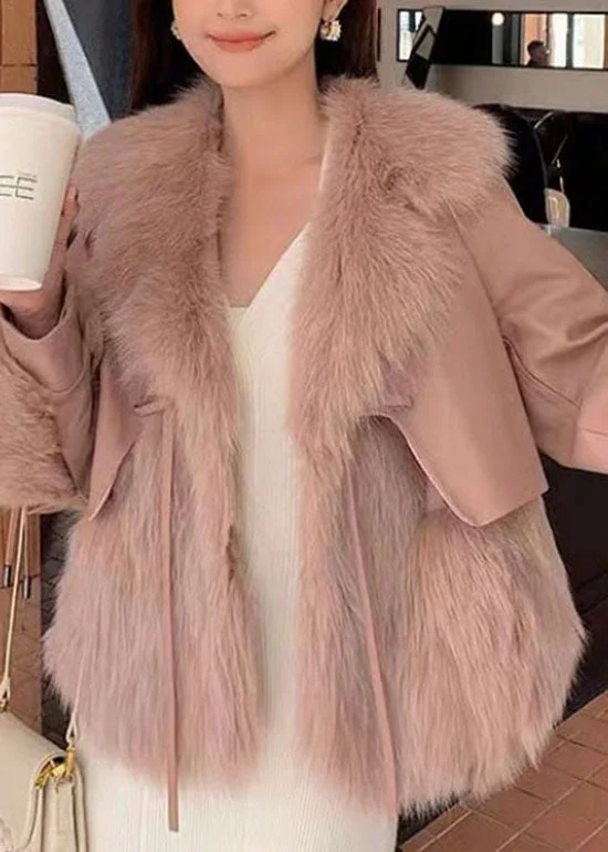 Stylish Beige Peter Pan Collar Patchwork Fuzzy Fur Fluffy Jacket Winter - Image 2