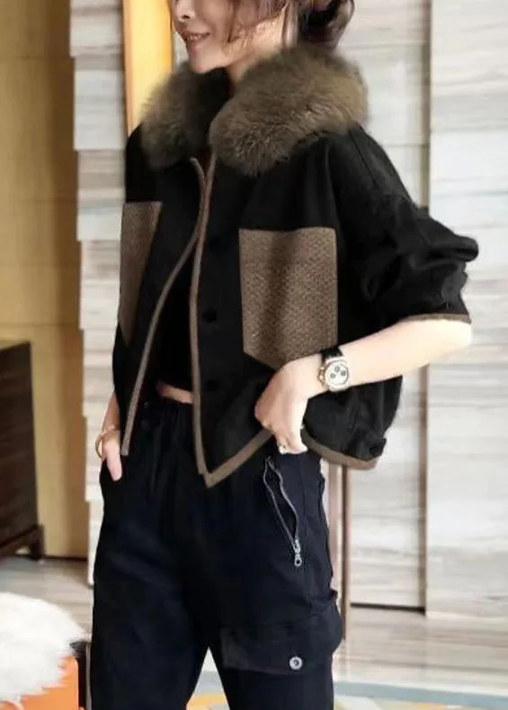 French Blue Fur Collar Button Patchwork Cotton Coats Winter - Image 4