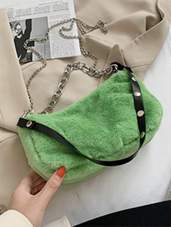 Stylish Original Solid Color Fluffy Outerwears Chains Shoulder Bag