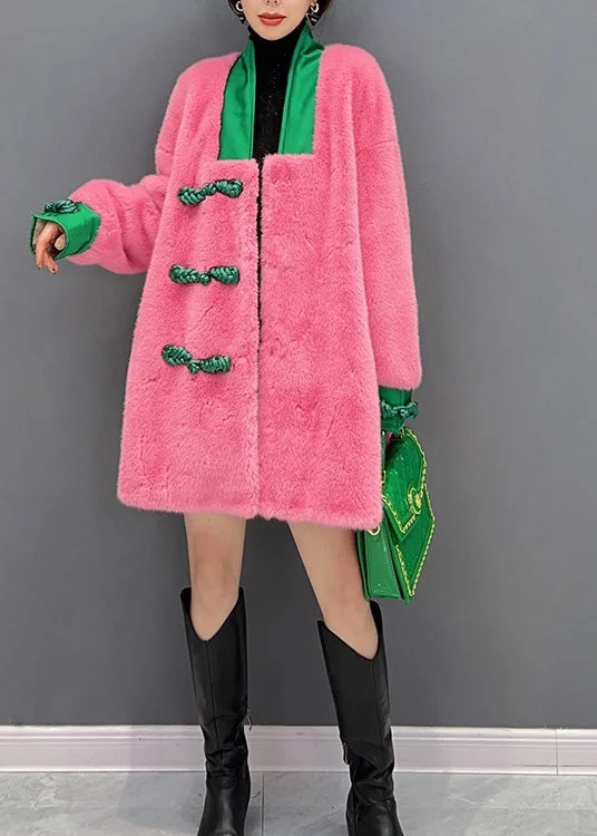 Cute Pink V Neck Button Warm Thick Faux Fur Coats Winter - Image 3