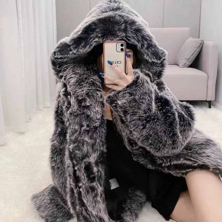 Women's Punk Plush Winter Coat with Hooded - Image 4