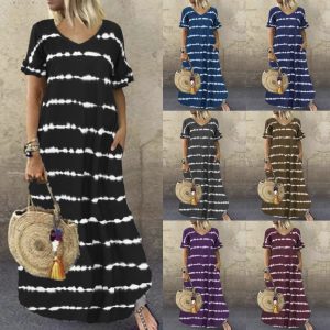 White Striped Printed Loose Women Robe Summer Dress Short Sleeve V-neck Big Swing Long Dress Pocket Plus Size Women Dress S-5XL