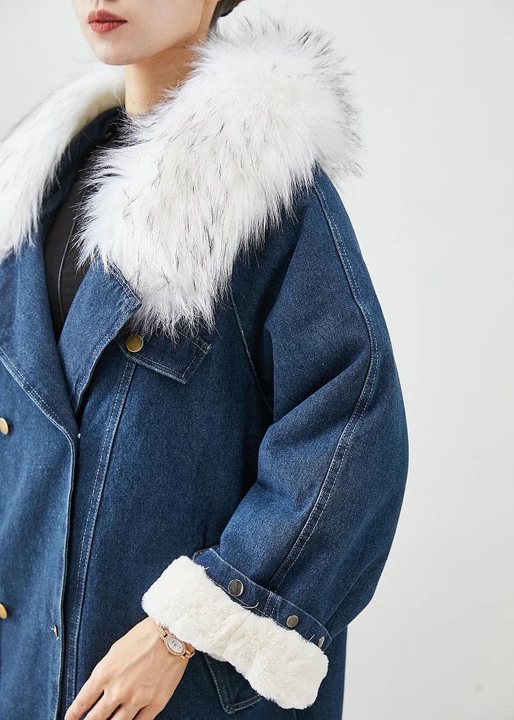French Navy Fur Collar Thick Warm Fleece Denim Coats Fall - Image 3