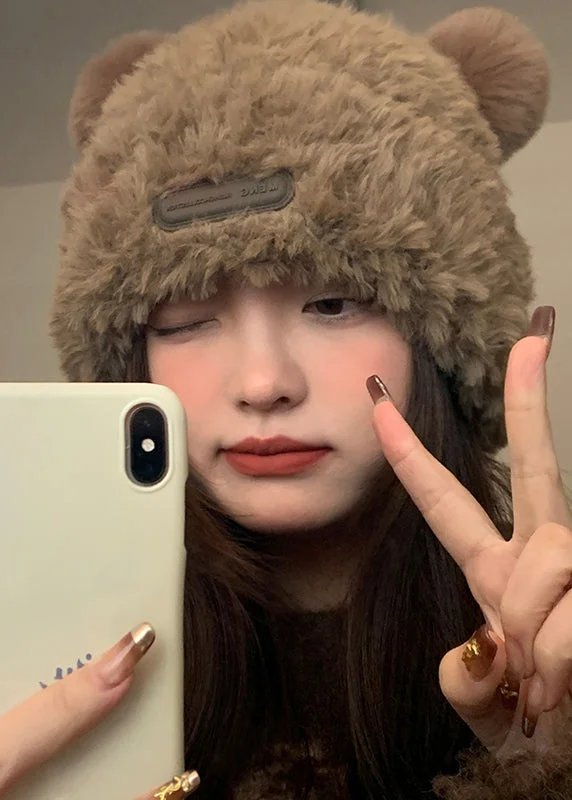 Elegant Brown Fuzzy Fur Fluffy Little Bear Cotton Knit Bonnie Hat - Image 2