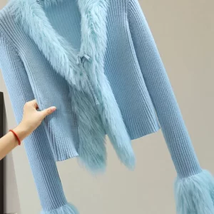 Chic Blue Fur Collar Patchwor Solid Cotton Knit Sweater Winter