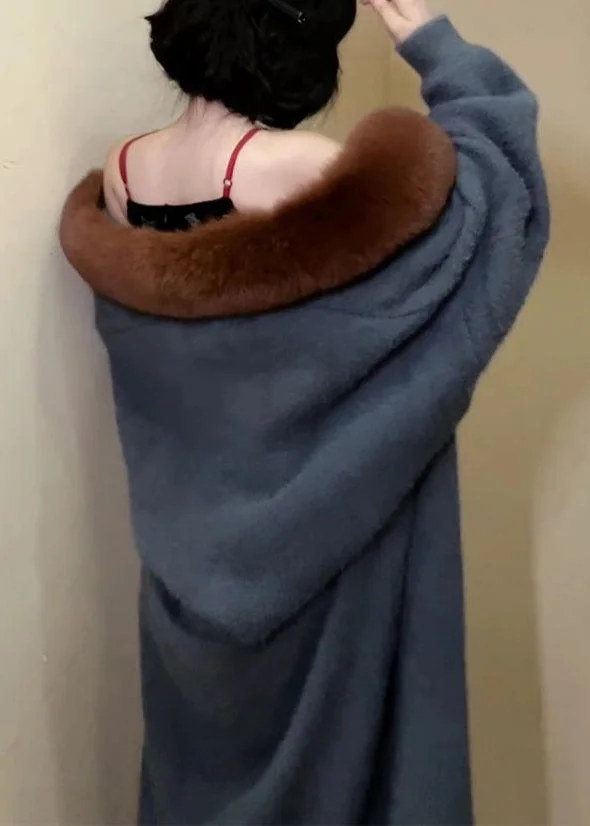 Boutique Haze Blue Fur Collar Mink Hair Knitted Coats Batwing Sleeve - Image 4