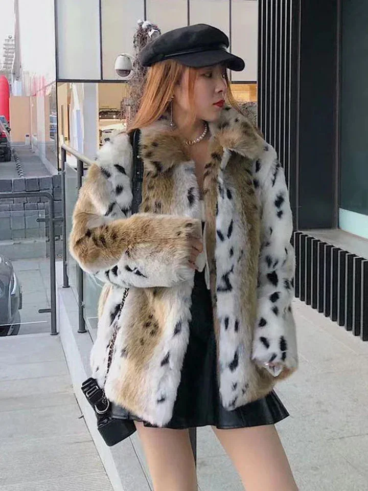 Luxury Leopard Print Lapel Long Sleeve Faux Fur Plush Coat - Image 8