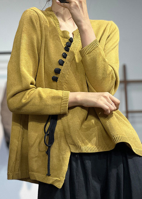 Chic Yellow Asymmetrical Design Lace Up Knit Sweater Tops - Image 3