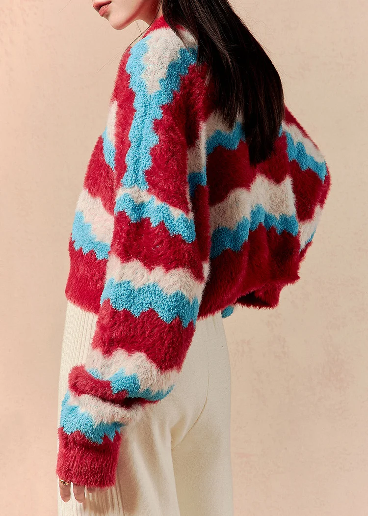 Chic Striped V Neck Cozy Mink Hair Knitted Short Sweaters Winter - Image 3