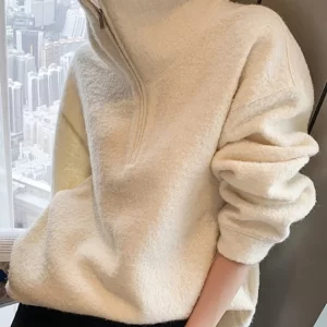 French White Hign Neck Zippered Faux Fur Pullover Sweatshirt Spring