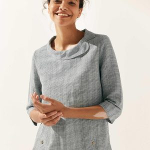 Linen Gingham Checked Round Soft-Fold Collar Top