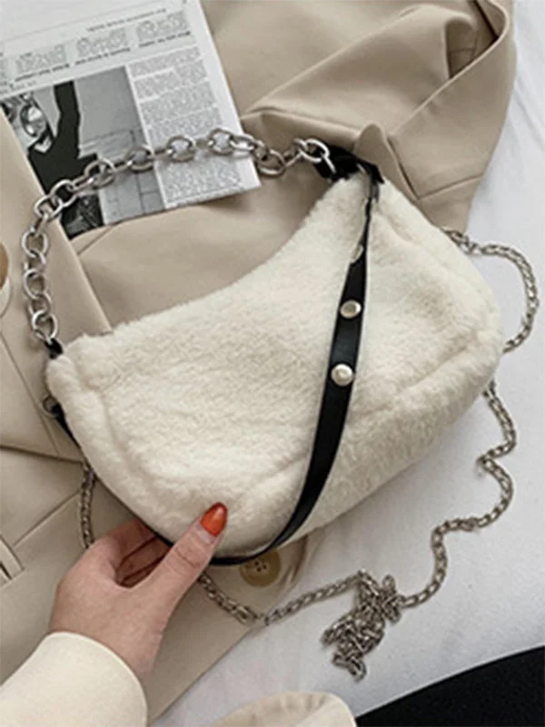 Stylish Original Solid Color Fluffy Outerwears Chains Shoulder Bag - Image 6