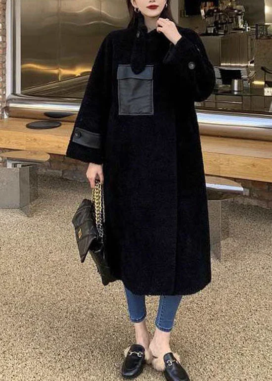 Plus Size Black Pockets Zippered Patchwork Teddy Coats Fall - Image 5