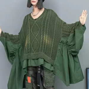 Green Patchwork Knit Pullover V Neck Ruffled Batwing Sleeve