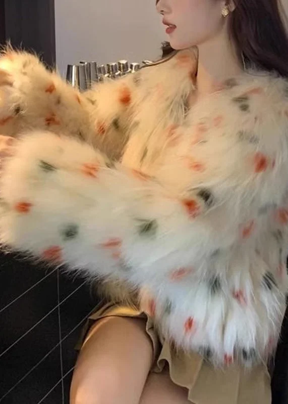 Cute Apricot V Neck Raccoon Hair Print Leather And Fur Coats Winter - Image 5