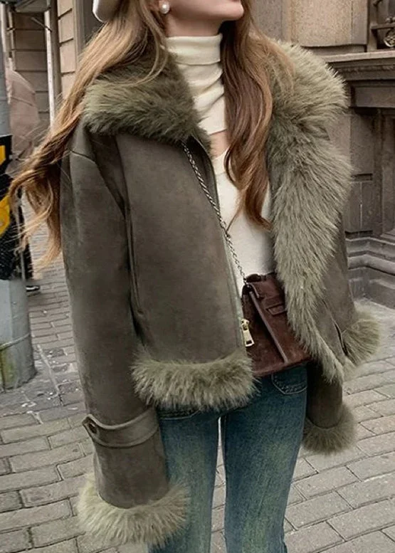 Fashion Blackish Green Fur Collar Patchwork Faux Suede Parkas Winter - Image 5