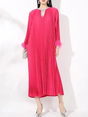 Boutique Rose Pink Sequins O-neck Long Sleeve Splicing Fur Pleated Dress - Image 2